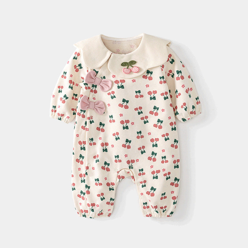 Autumn Baby Girl Cherry Pattern Flower Neck Rompers-0