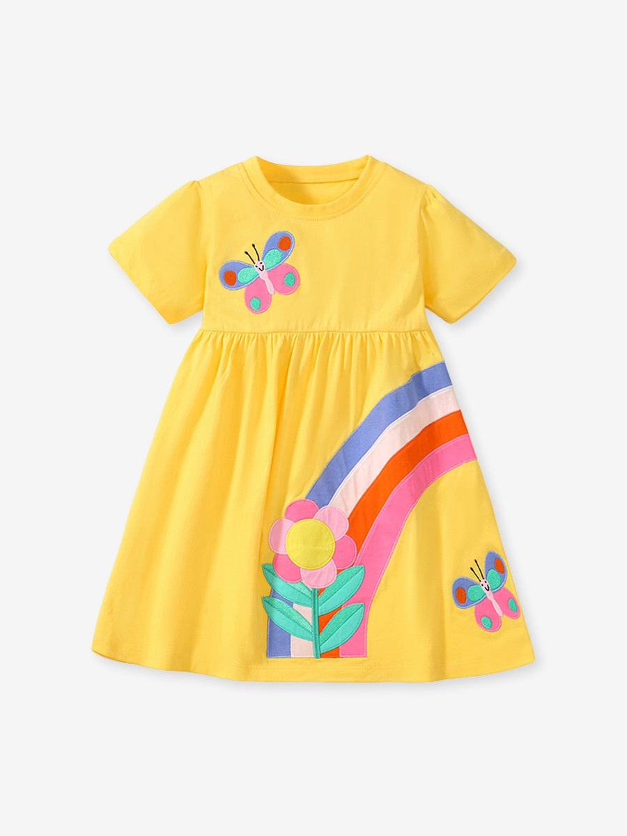 Spring And Summer Baby Girls Short Sleeves Rainbow Butterfly Floral Dress-4