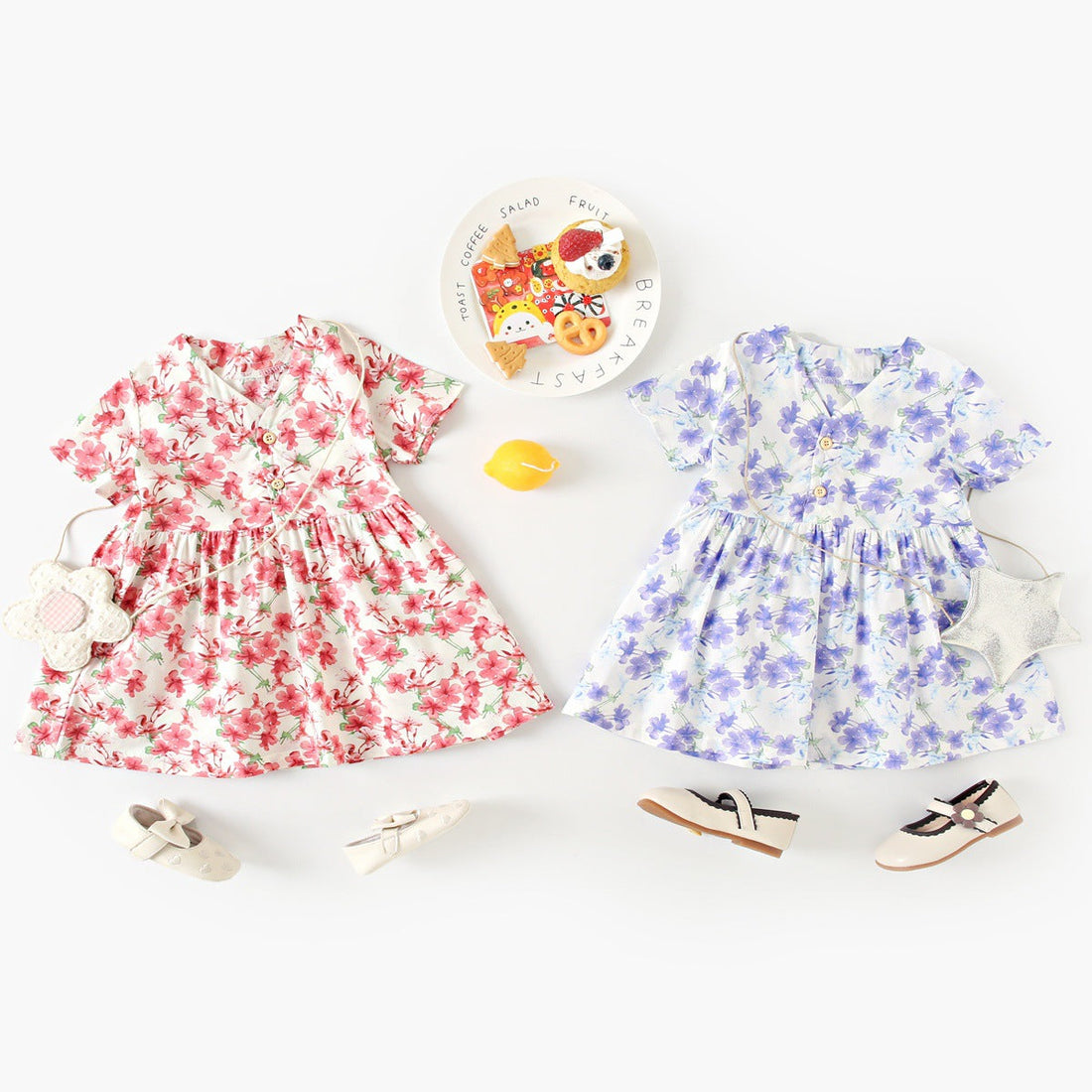Summer New Arrival Baby Girls Elegant Floral Pattern Short Sleeves V Neck Dress-0