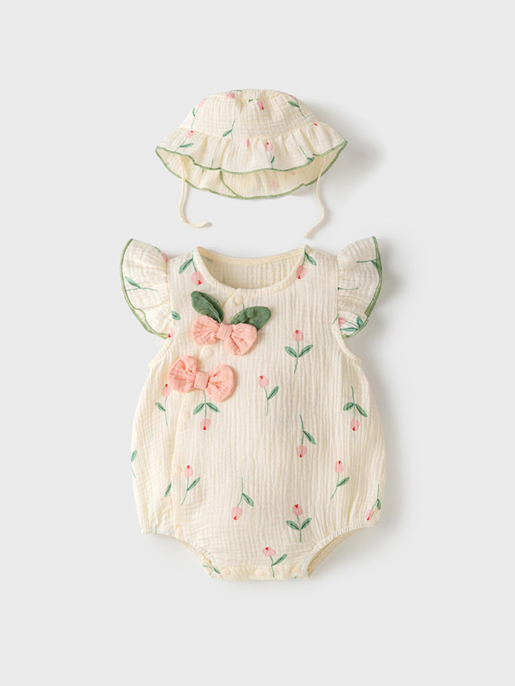 Summer New Design Baby Girls Light Floral Pattern Embroidery Fly Sleeves Crew Neck Sweet Cute Onesies-1