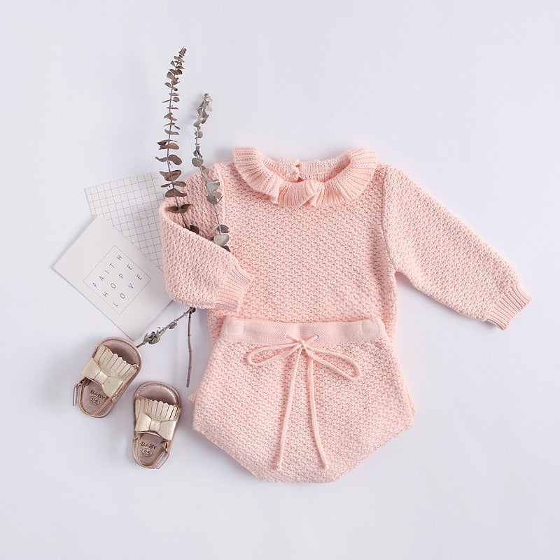 Baby Girl 1pcs Ruffle Neck Solid Shirts And Belted Triangle Shorts Fall Winter Knit Sets-4