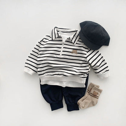 Baby Cute Bear Embroidered &amp; Striped Pattern Polo Neck Cotton Hoodies-4