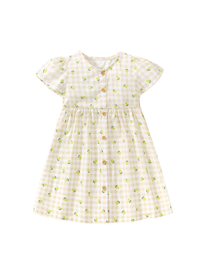 Baby Girls Single Breasted Plaid Lemons Print Short Sleeves Dress-5