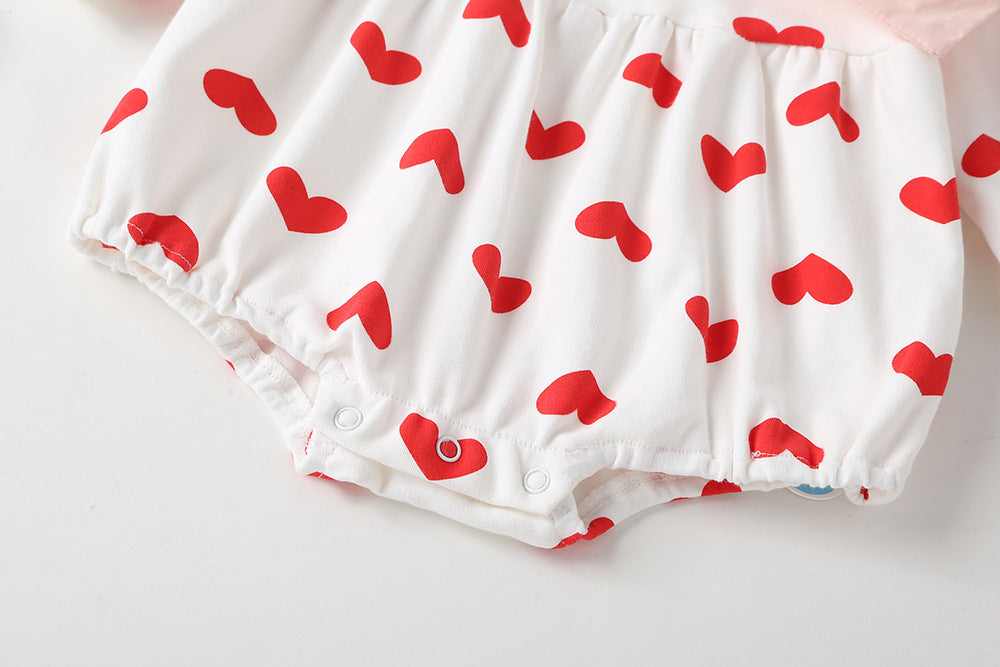 Baby Girl Heart Pattern Big Bow Tie Patched Design Triangle Onesies-5