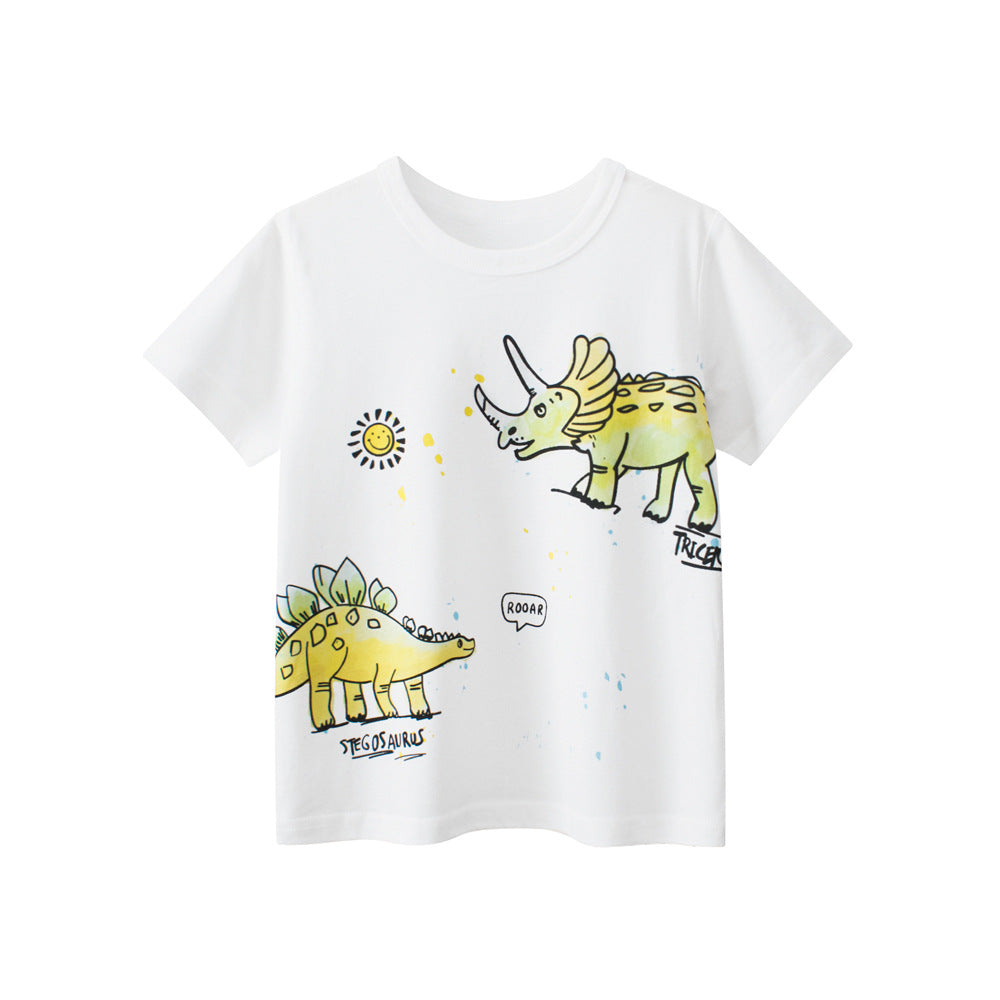 Boys’ Dinosaurs Cartoon Print Beige T-Shirt In European And American Style-0