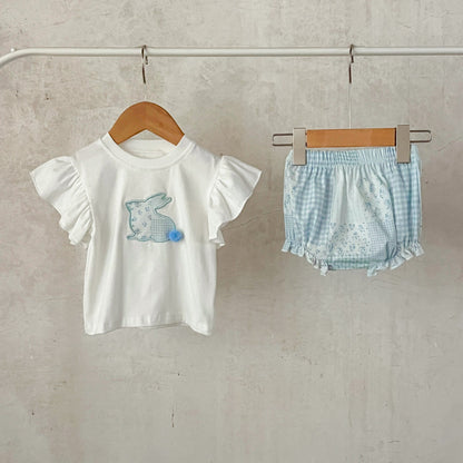 Summer New Arrival Baby Kids Girls Boutique Versatile Rabbit Pattern Fly Sleeves Top And Floral And Plaid Shorts, Clothing Set-0