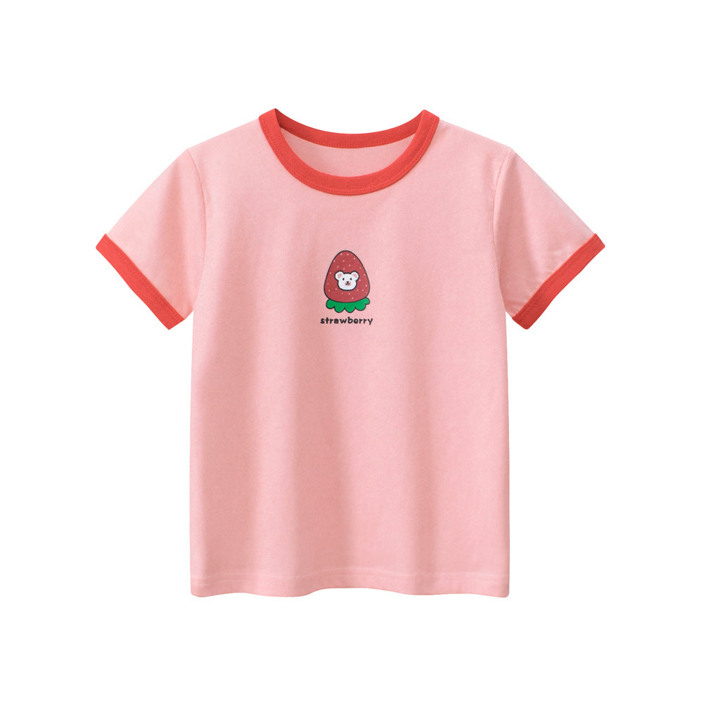 Strawberry Bear Printing Girls’ T-Shirt In European And American Style For Summer-0