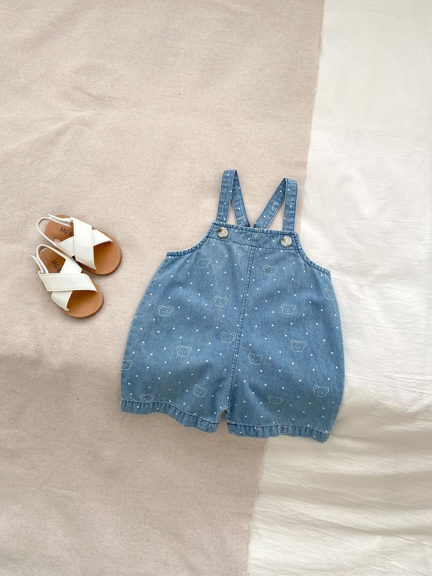 Summer Baby Kids Unisex Teddy Print White Dots Denim Overalls-2