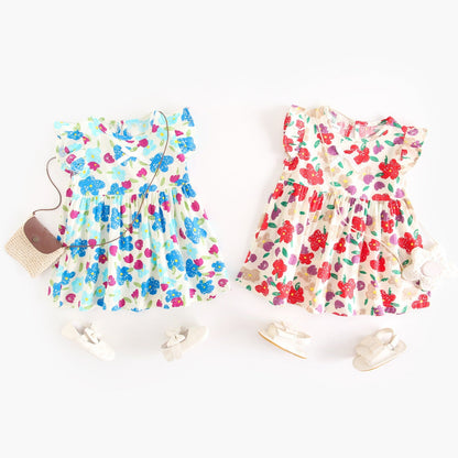 Summer New Design Baby Girls Oil Painting Style Floral Print Fly Sleeves Crew Neck Dress-0