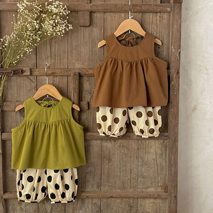 Summer New Arrival Baby Girls Sleeveless Crew Neck Solid Color Top And Polka Dot Shorts Clothing Set-6