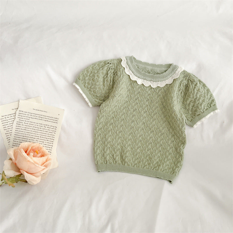 Baby Girl Hollow Carved Design Ruffle Design Cute Knit Tee-5