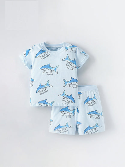 Summer Baby Kids Unisex Marine Sharks Animals Cartoon Pattern Short Sleeves T-Shirt And Shorts Casual Clothing Set-0