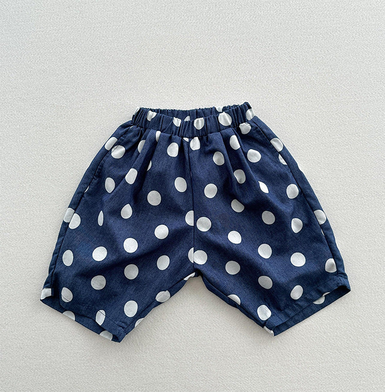 Summer New Arrival Casual Unisex Blue Denim Polka Dots Thin Shorts-1