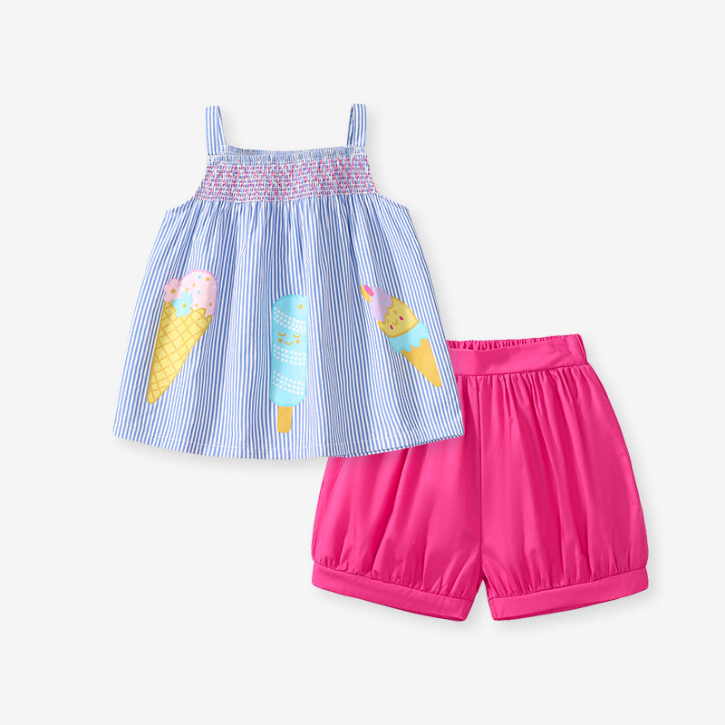 Summer Baby Kids Girls Top Striped Vest And Solid Color Shorts 2-Piece Clothing Set-0