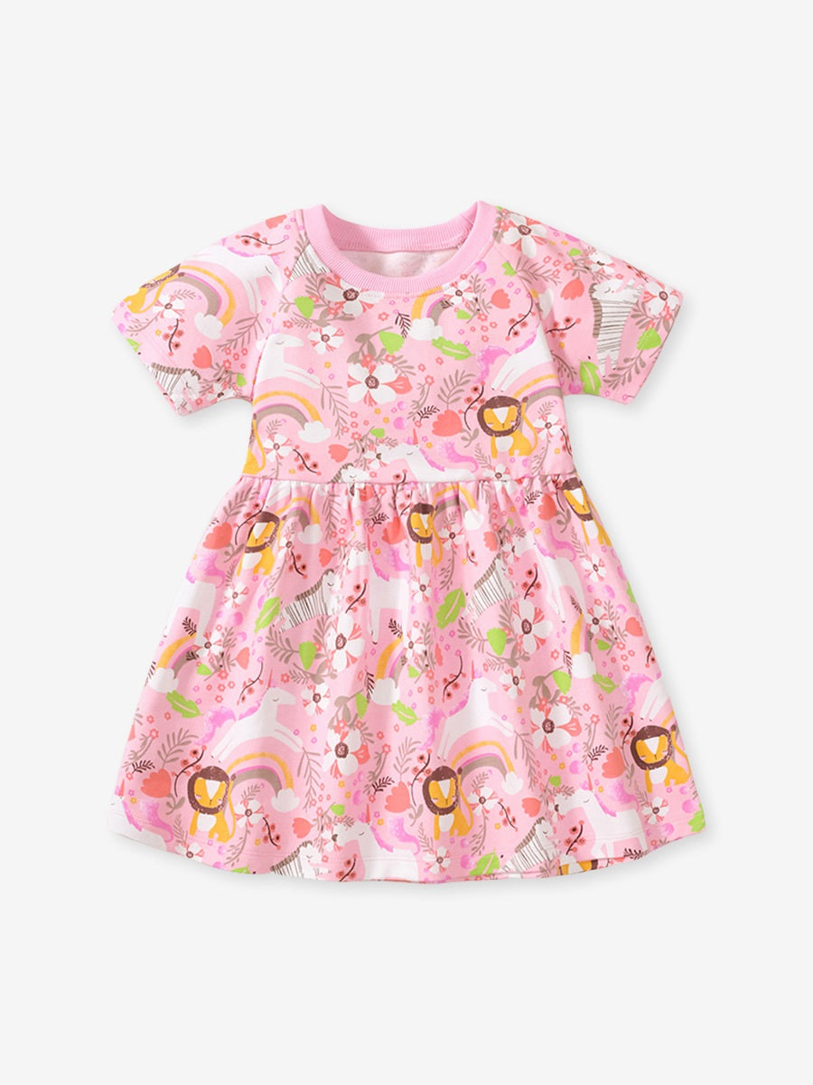 Spring And Summer Baby Girls Short Sleeves Rainbow Animals Floral Cartoon Dress-4