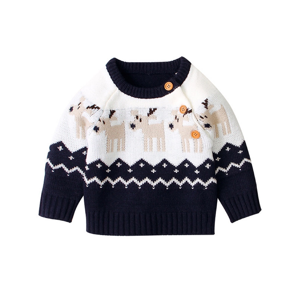 Baby Cartoon Christmas Deer Pattern Shoulder Button Design Knitted Pullover Sweater-4