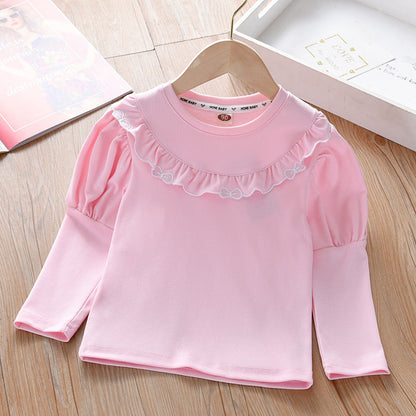 Baby Girl Solid Color Ruffle Design Spring Autumn Shirt-4