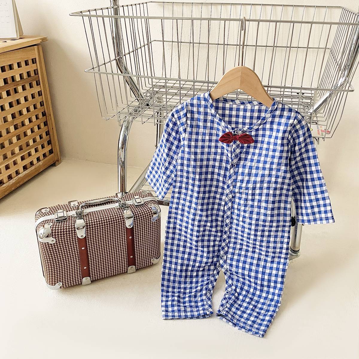 Baby Boy Plaid Pattern Bow Patched Design Cotton Jumpsuit-5