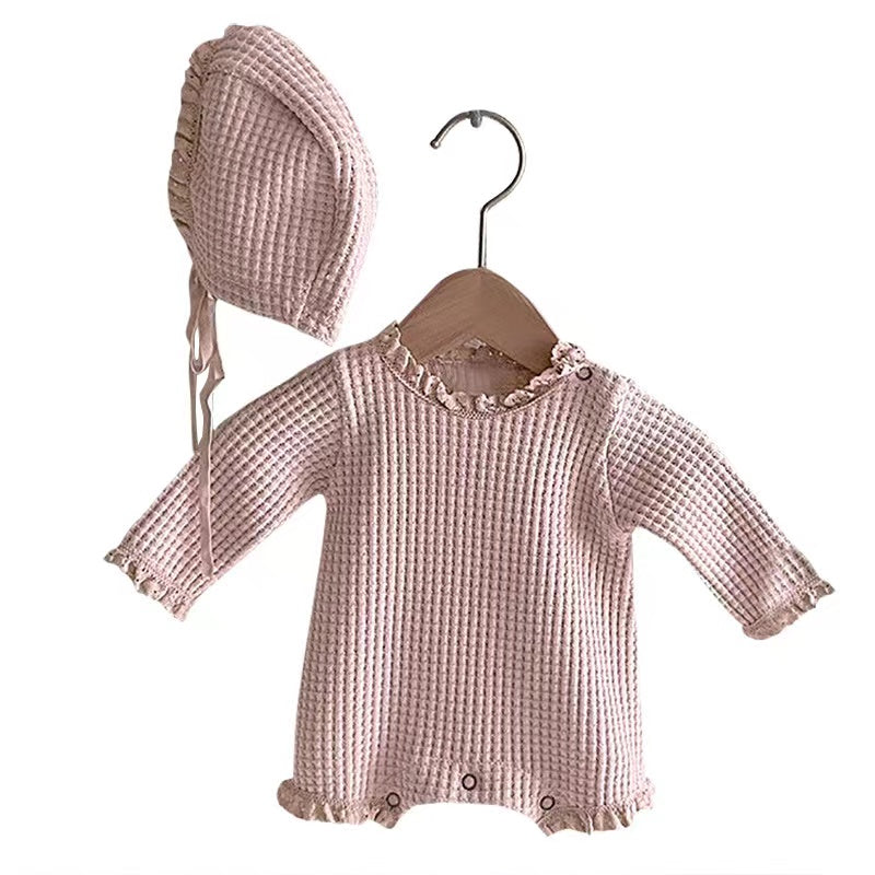 Baby Girl Solid Color Waffle Pattern Lace Design Long Sleeves Triangle Bodysuit-5