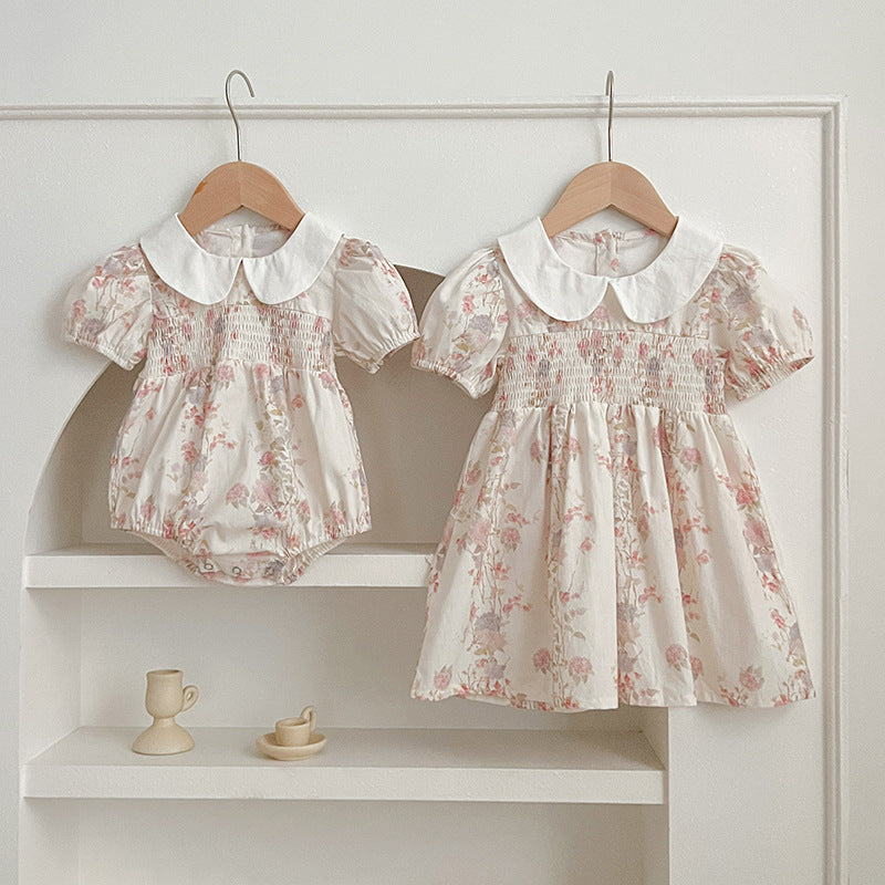 New Arrival Summer Girls Peter Pan Collar Short Sleeves Floral Print Onesies And Dress – Princess Sister Matching Set-0