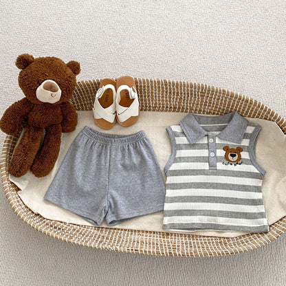 Summer Baby Kids Boys Striped Pattern Sleeveless Turndown Collar Top Vest And Shorts Clothing Set/ Short Sleeves Onesies-2