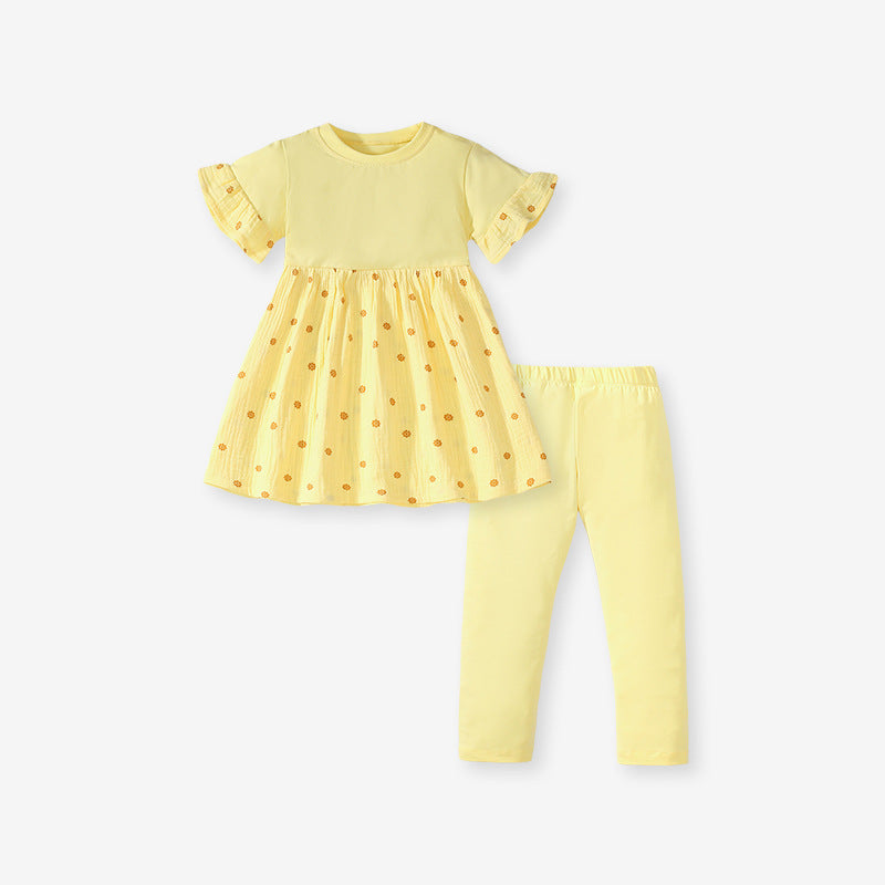 Summer Baby Kids Girls Polka Dots Yellow Dress And Pants 2-Piece Clothing Set-0