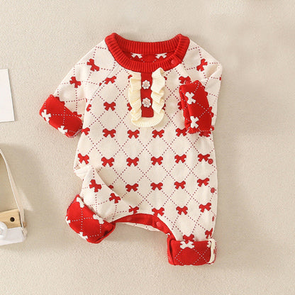 Baby Girl Embroidered Pattern Knitted Autumn Romper-4