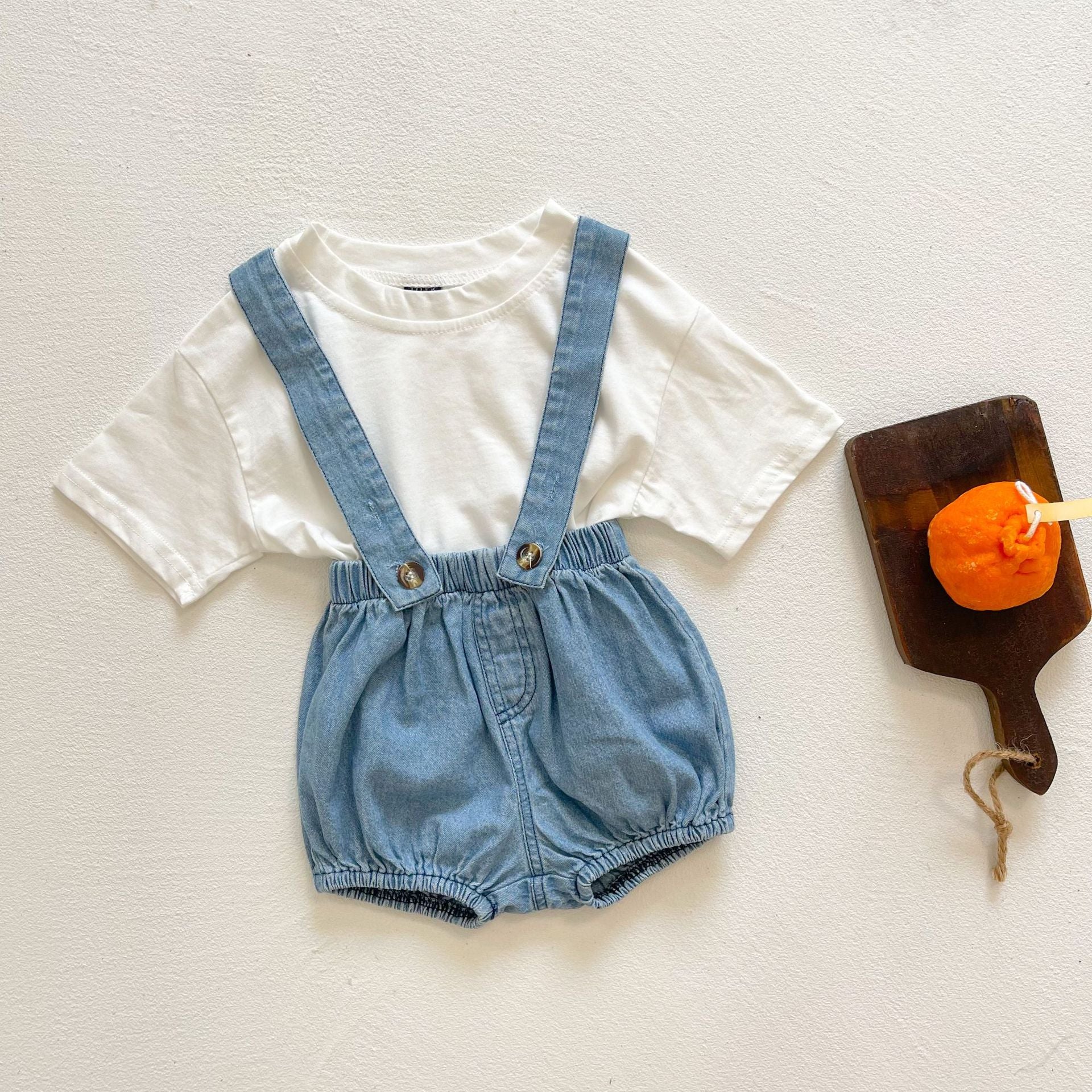 Baby Girl Solid Color Denim Fabric Strap Sling Shorts Rompers In Summer-0