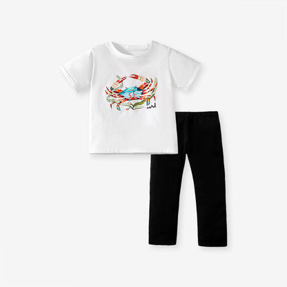 Girls Colorful Crab Cartoon T-Shirt And Black Pants Set-0