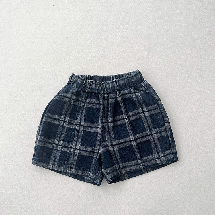 Baby Denim Blue Plaid Pattern Loose Shorts-5