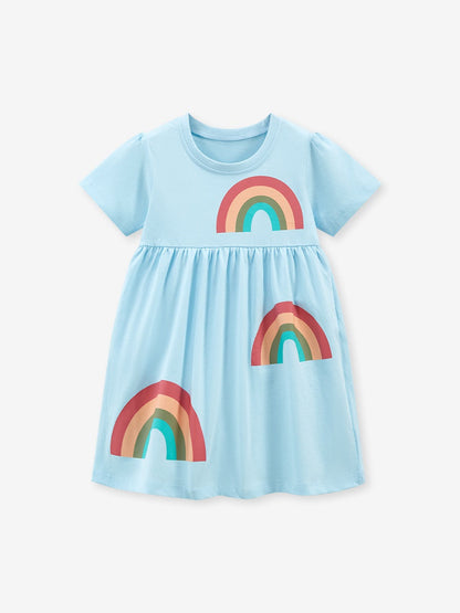 Spring And Summer Baby Girls Blue Short Sleeves Rainbow Pattern Dress-4