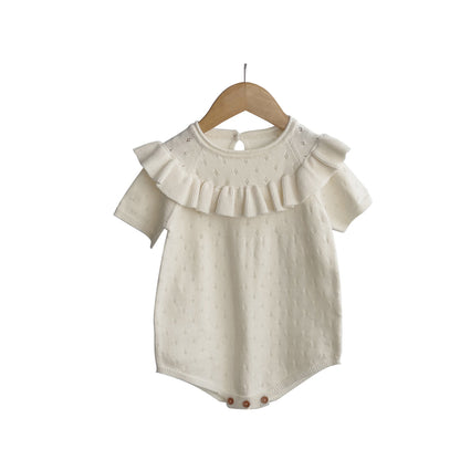 Baby Girl Solid Color Ruffle Design Breathable Knitted Onesies-5