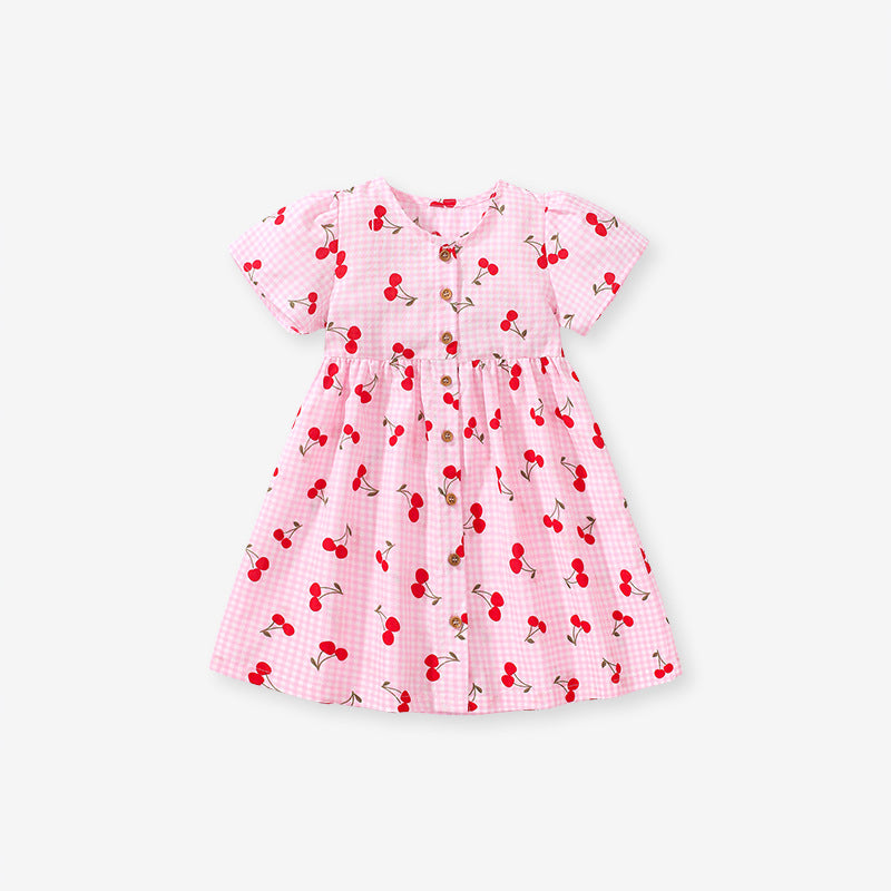 Baby Girls Crew Neck Plaid Cherry Print Short Sleeves Dress-4