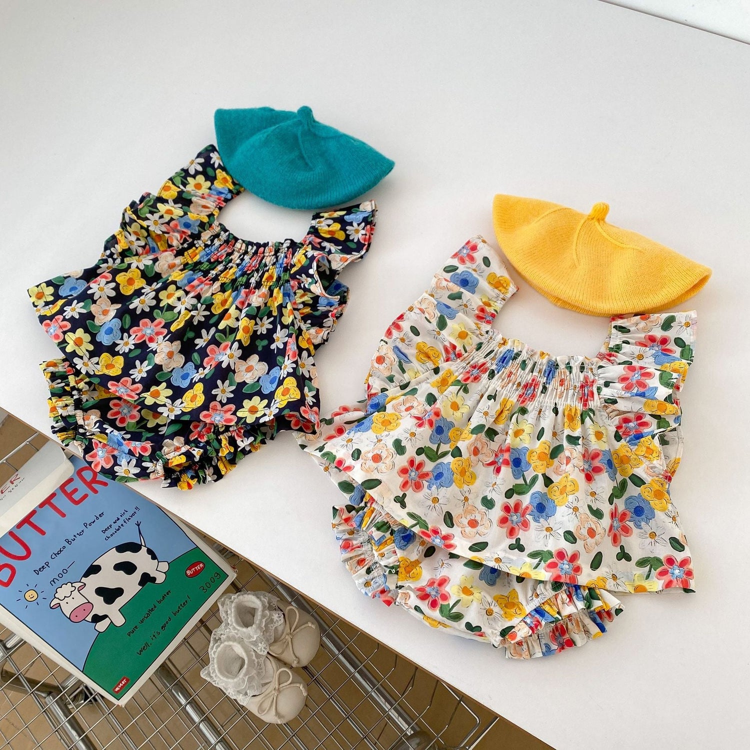 Summer Baby Kids Girls Comfortable Flowers Pattern Strap Top And Shorts Clothing Set-5