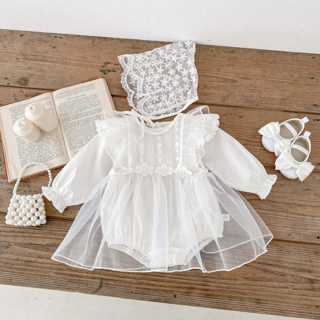 Spring Baby White Embroidery Lace Mesh Princess Onesie Dress For Girls-0