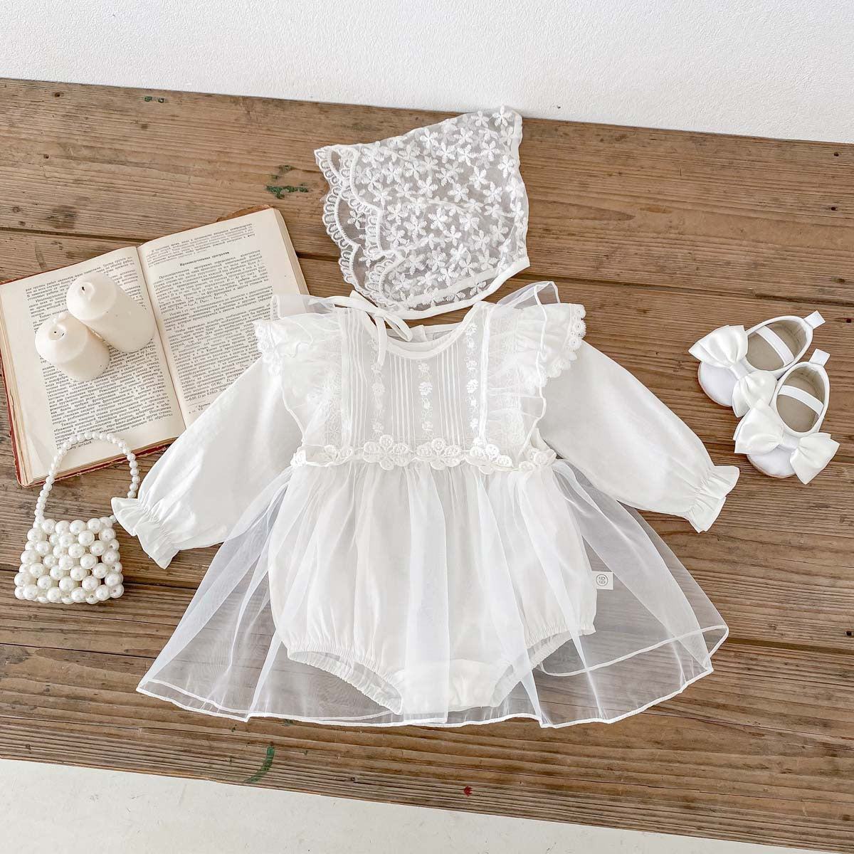 Spring Baby White Embroidery Lace Mesh Princess Onesie Dress For Girls-0