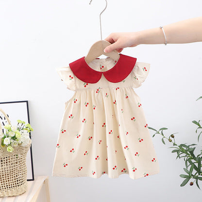 Summer New Arrival Baby Girls Cherry Print Fly Sleeves Peter Pan Collar Dress-0