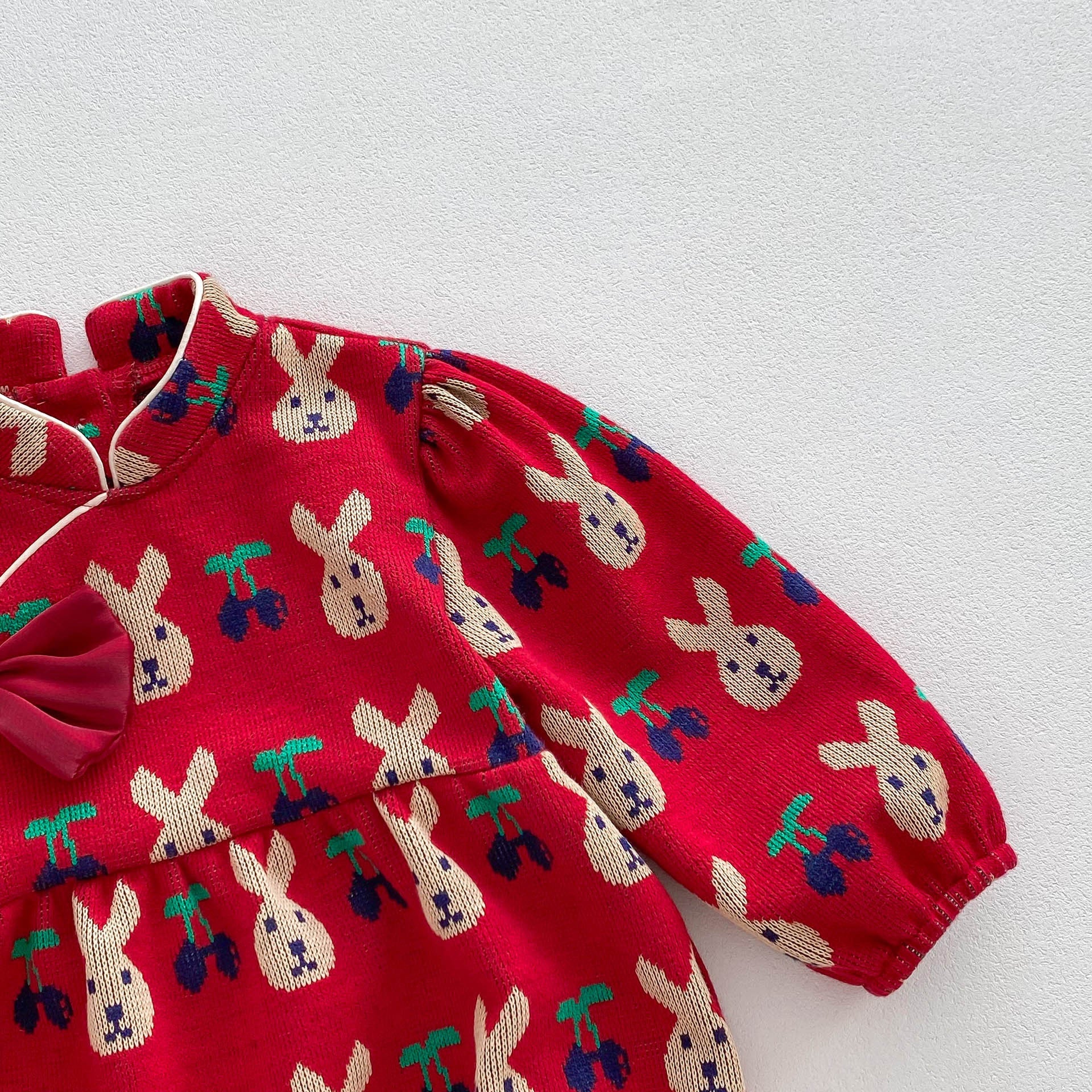 Infant Baby Girls Rabbit&amp;Cherry Around Long Sleeve One Piece-4