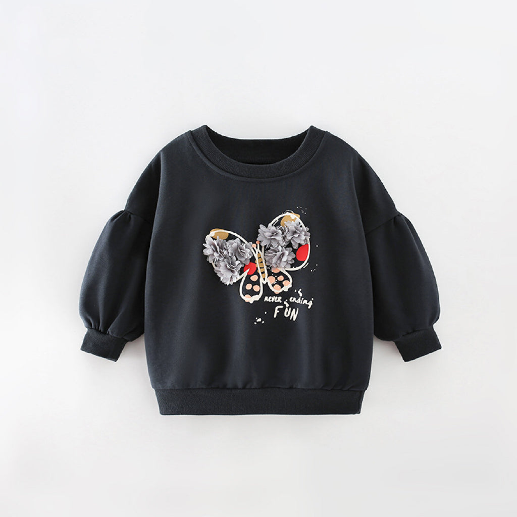 Baby Girl 3D Flower Patched Butterfly Graphic Puff Sleeve Hoodie-1