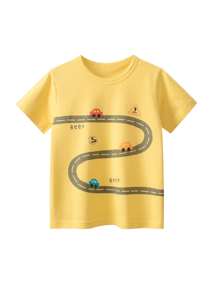 Boys’ Driving Car Cartoon Print T-Shirt In European And American Style-0