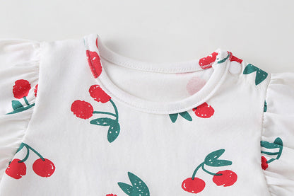 Baby Girl Cherry Print Pattern Mesh Patchwork Design Round-Collar Short-Sleeved Summer Dress Onesies-5