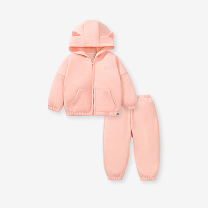 Autumn/Winter Baby Kids Girls Pink Solid Color Long Sleeves Hoodie And Pants Clothing Set-4