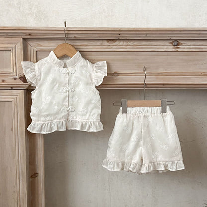 Summer New Arrival Baby Girls Fly Sleeves Stand Collar Solid Color Floral Embroidery Top And Bloomers Clothing Set-0