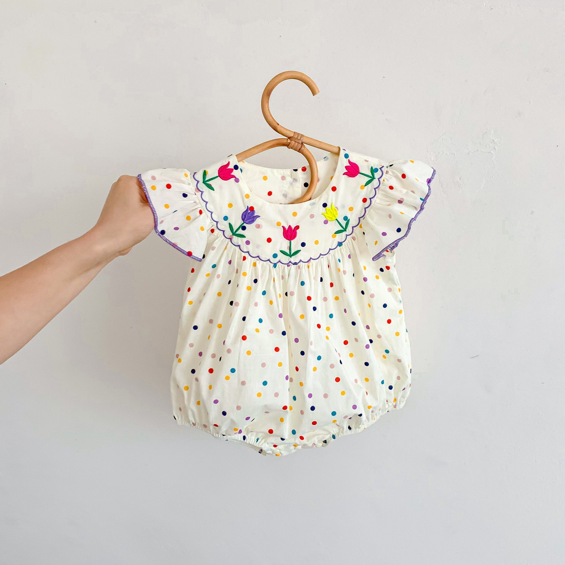 New Arrival Summer Baby Girls Colorful Dots Fly Sleeves Floral Embroidery Onesies-0