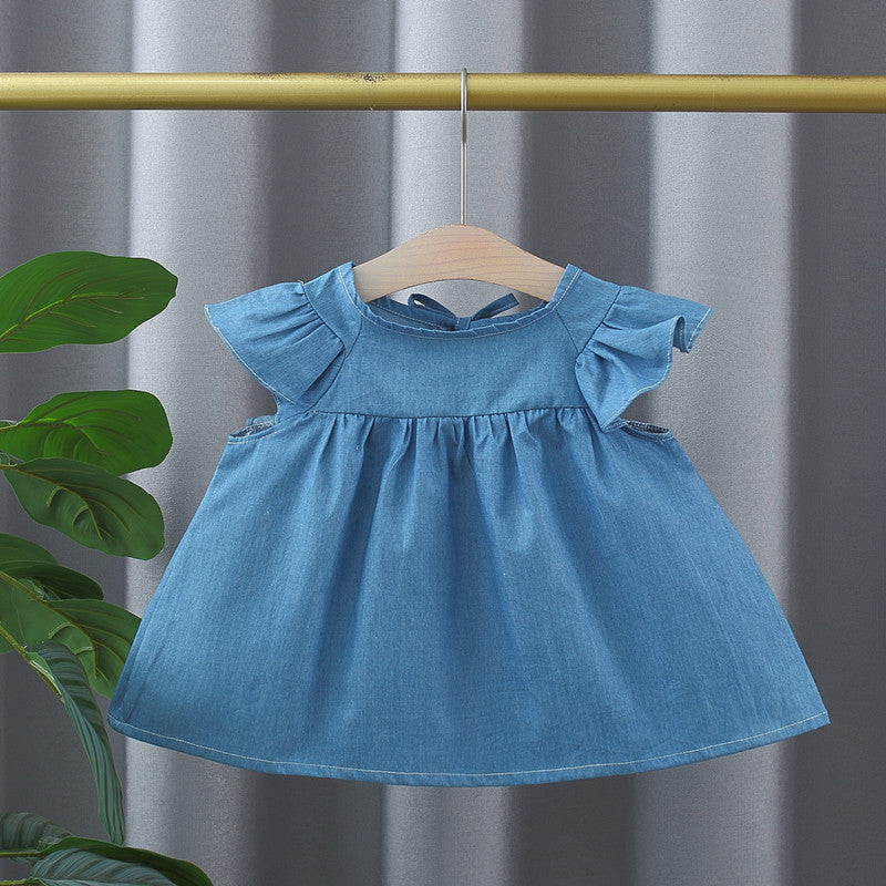 Summer Hot Selling Baby Kids Girls Fly Sleeves Crew Neck Solid Color Denim Dress-0