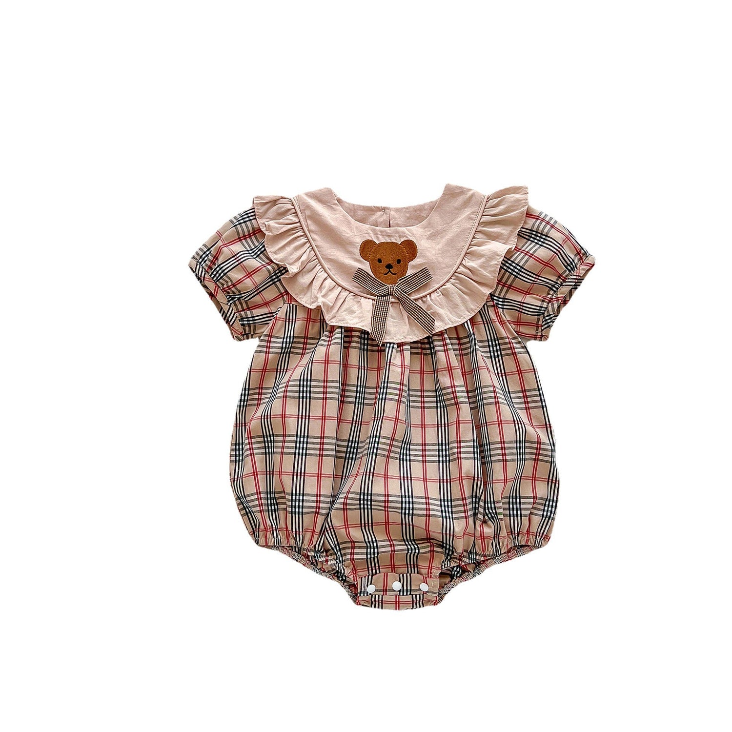 Summer Hot Selling Baby Girls Short Sleeves Plaid Crew Neck Teddy Pattern Onesie-1