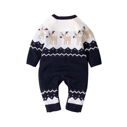 Baby Christmas Giraffe Pattern Shoulder Button Design Sweater Rompers-5