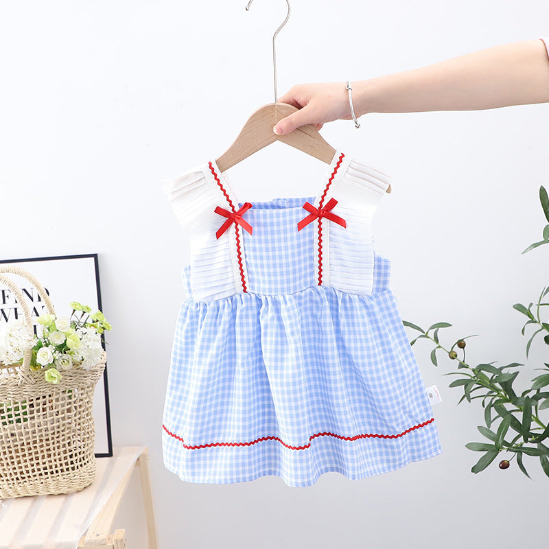 Summer Baby Kids Girls Sleeveless Blue Plaid Square Neck Strap Dress-0