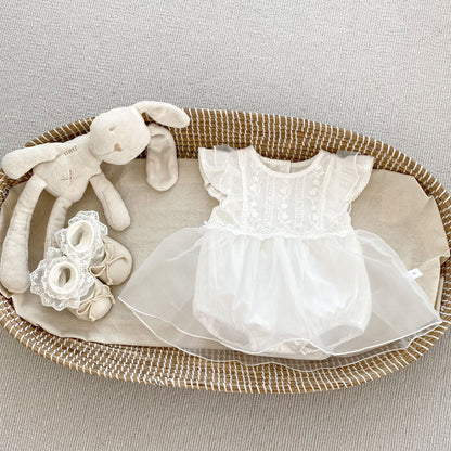 Summer New Arrival Baby Girls Flower-Embroidered Fly Sleeves Crew Neck White Onesies Dress-4