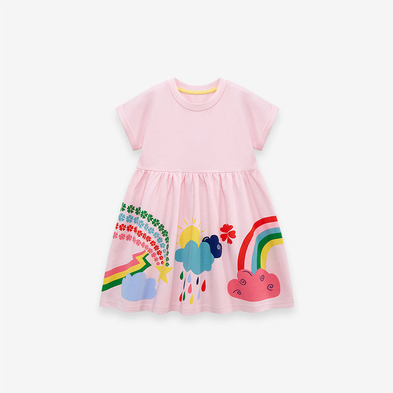 Kids Baby Girls Short Sleeves Floral Rainbow Pink Dress-0